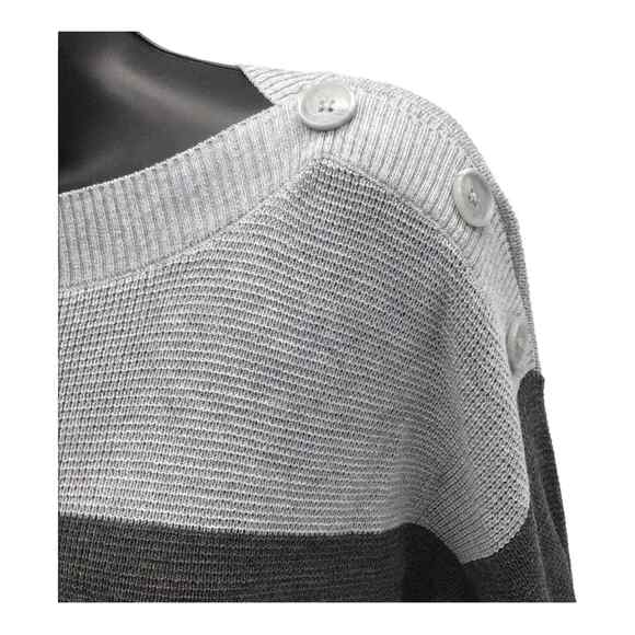 Vince Camuto Women’s Medium Gray Black Stripe Sweater Button Shoulder NWOT - Picture 7 of 15